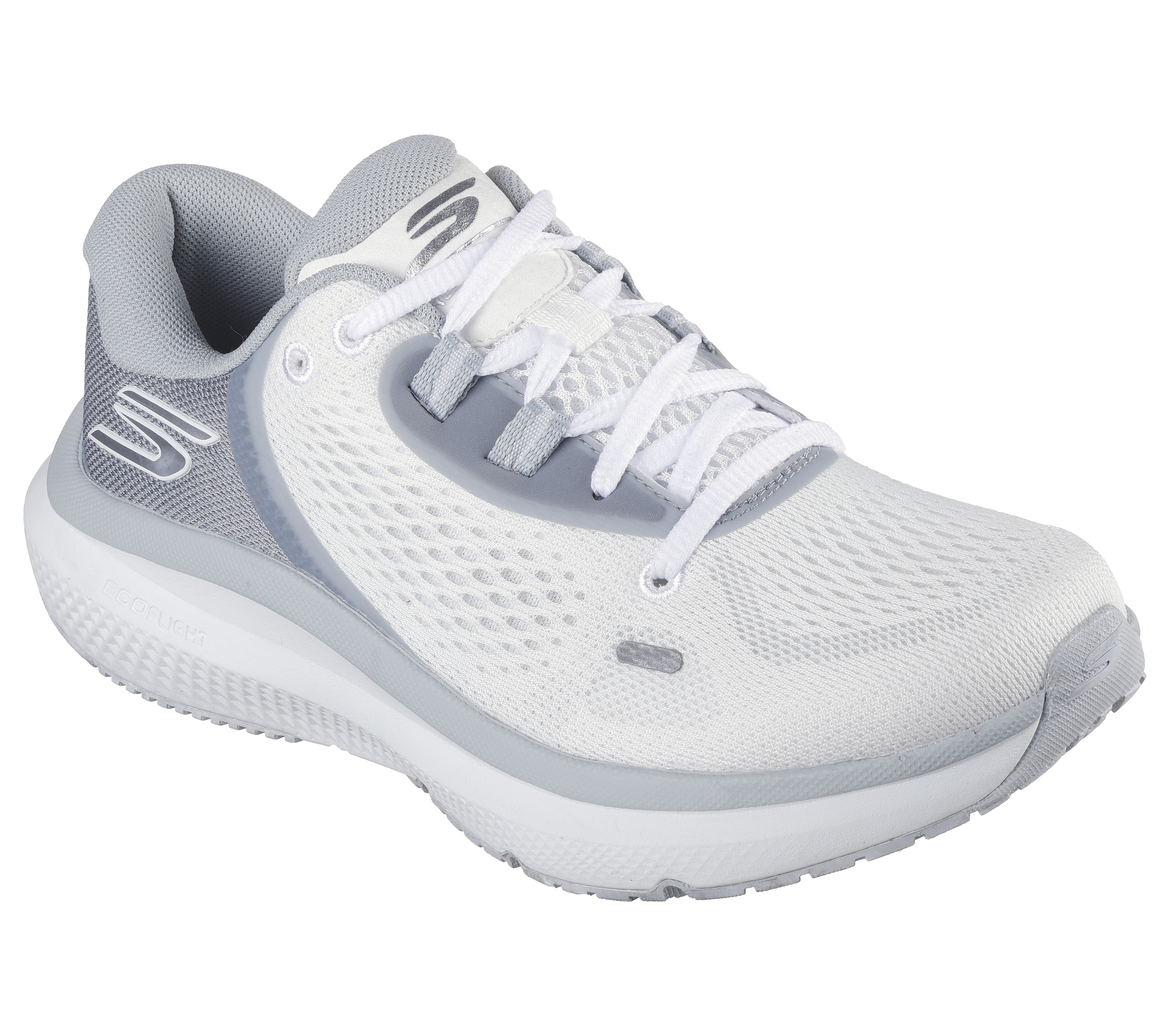 Skechers Women s GO RUN Pure 4 Sneaker in White Gray Size 8.5 Vegan Medium Width Machine Washable Arch Fit