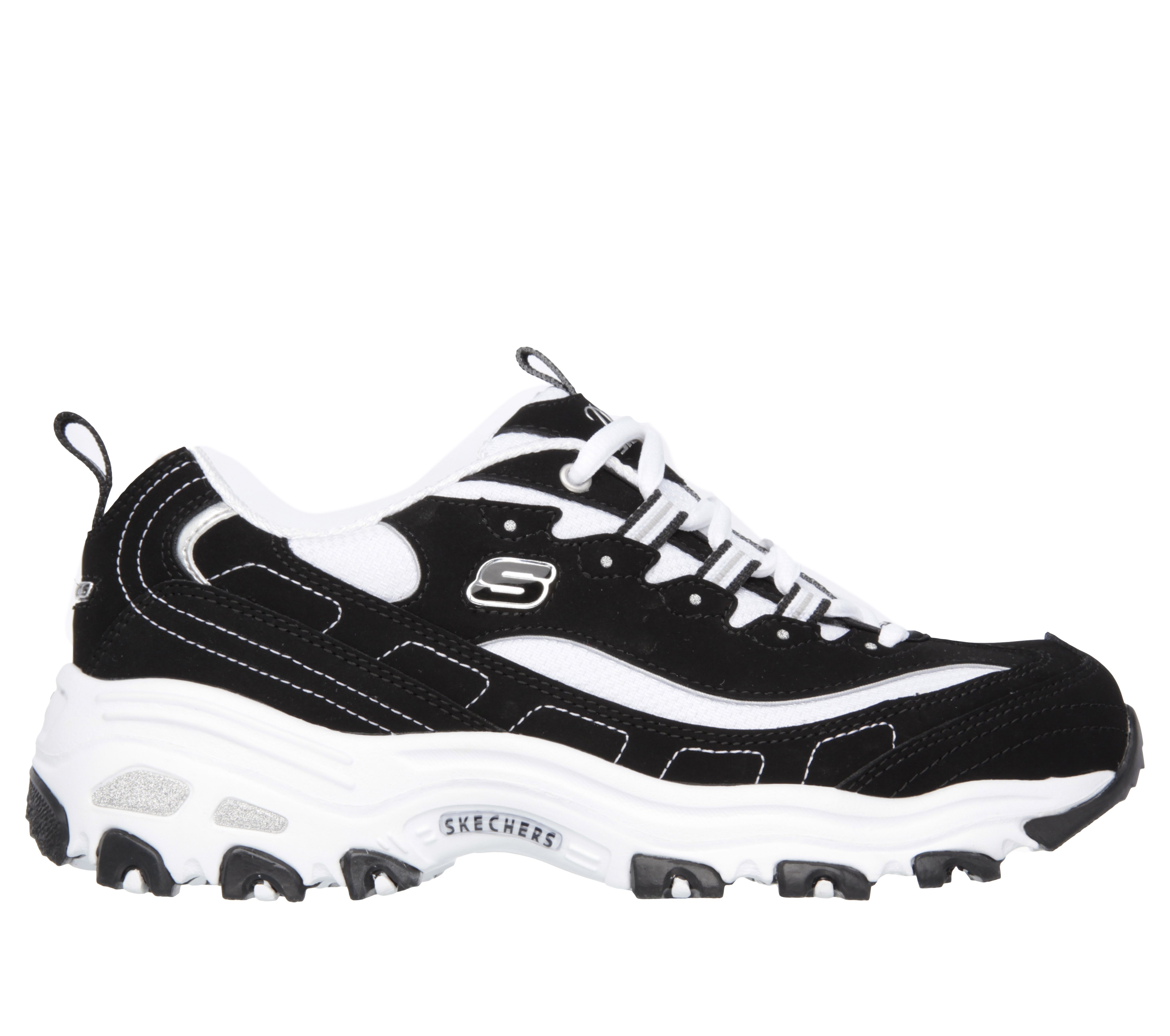Skechers D'lite Shoes Womens Slip On Comfort BLACK/WHITE Size 9 Memory Foam